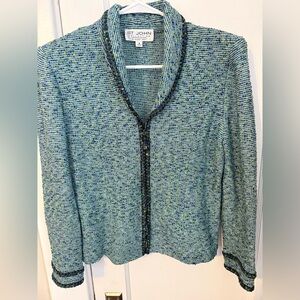 St. John Marie Gray Blue Green Santana Knit Jacket Size 8